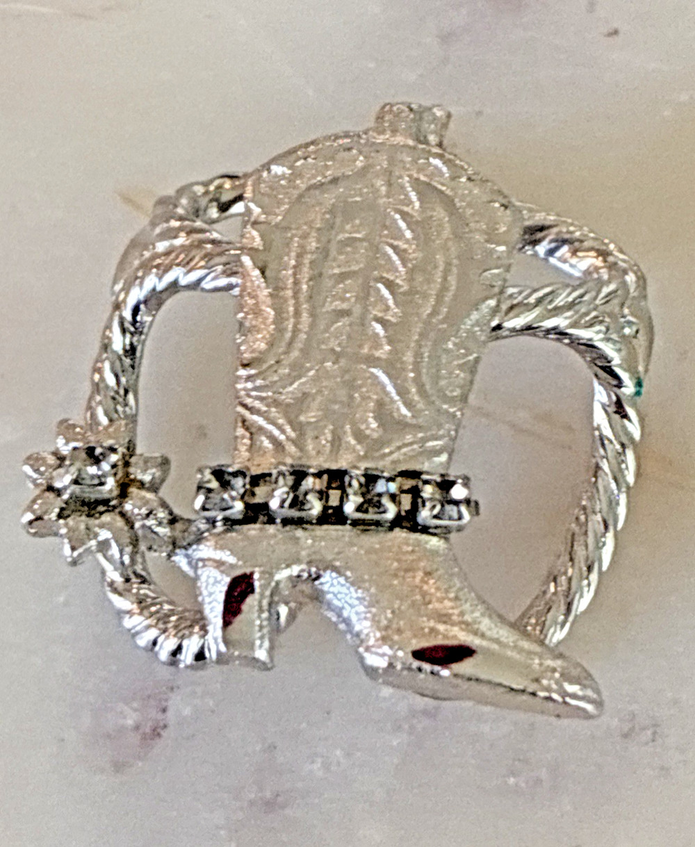 Western Cowboy Square Dance Scarf Slide Cowboy Boot w/CZ Spur~Silver Tone L5